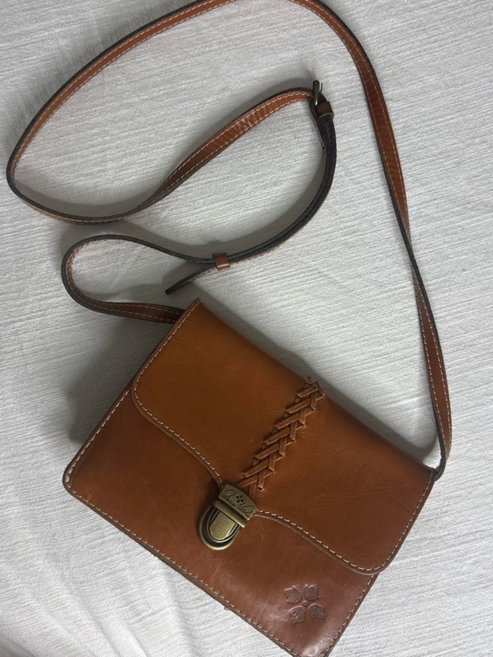 Patricia Nash Cognac Brown 100% Leather Crossbody Bag with Brass Hardware
